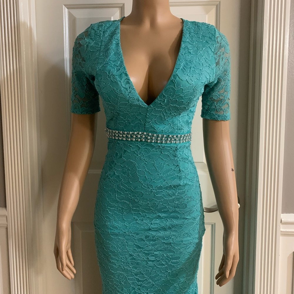 Women junior blue green lace bodycon mermaid maxi dress size (S) zipper back - Picture 10 of 14